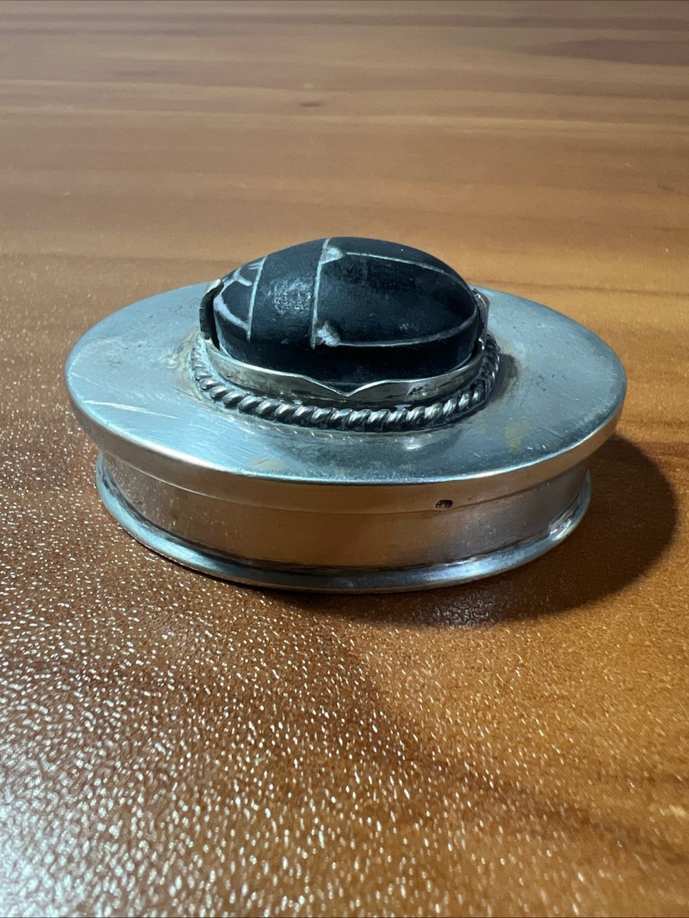Vintage Estate Egyptian Revival Sterling Silver Scarab Beetle Pill Trinket box
